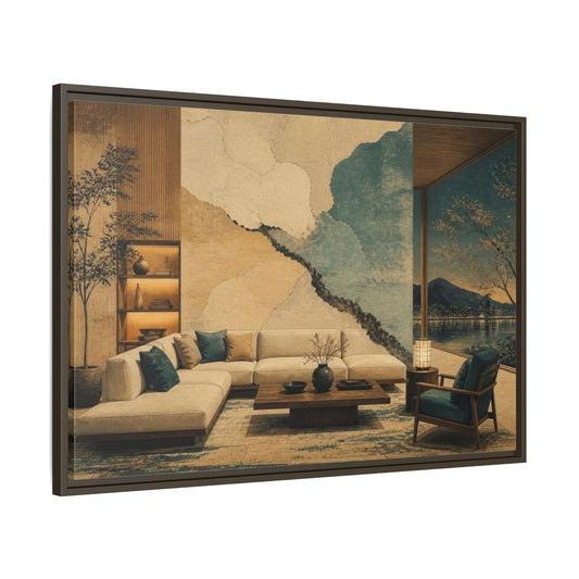 Main Mockup. Living Room Plaster Mural shown as framed canvas print