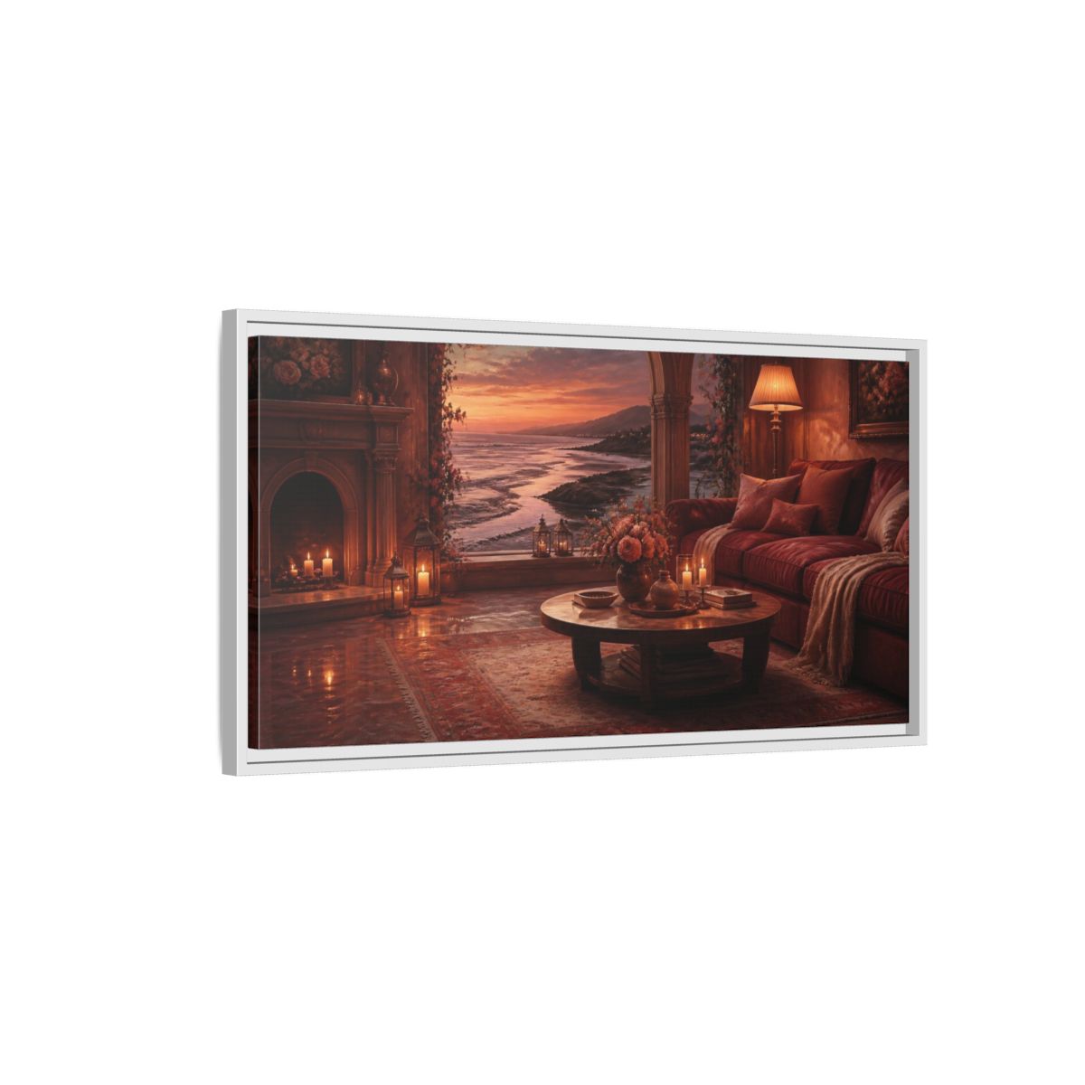 Side Mockup 1. Living Room Seaside Sunset shown as framed canvas print