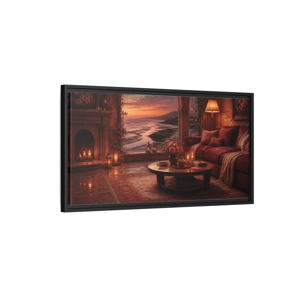Side Mockup 2. Living Room Seaside Sunset shown as framed canvas print