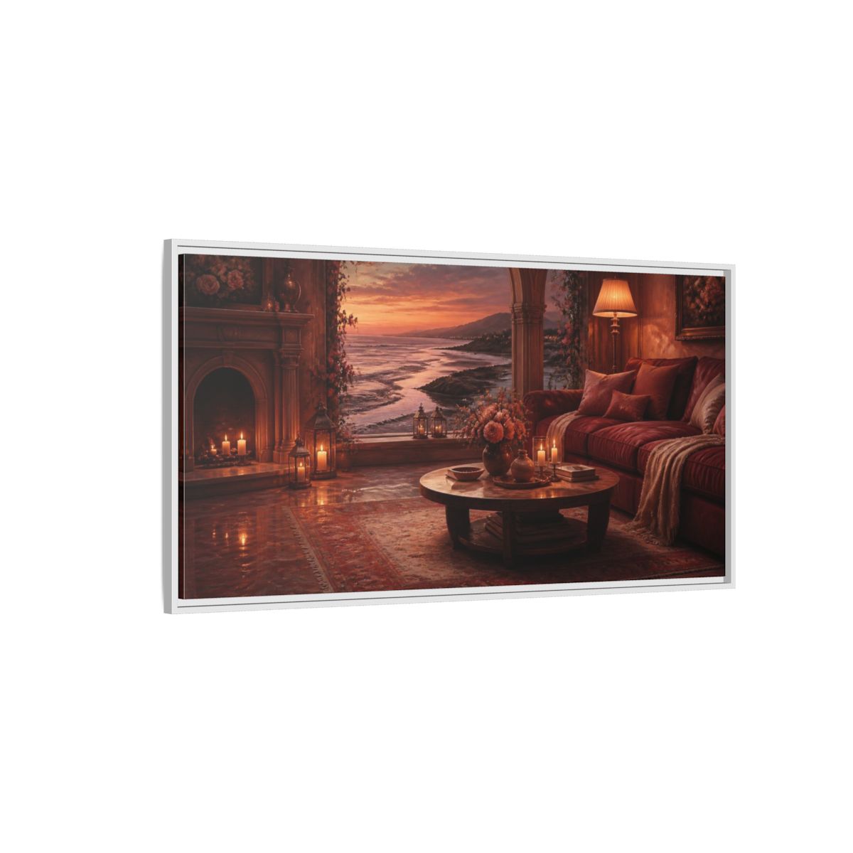 Side Mockup 3. Living Room Seaside Sunset shown as framed canvas print