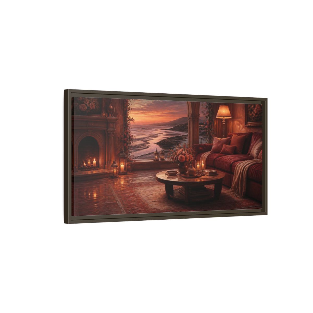 Main Mockup. Living Room Seaside Sunset shown as framed canvas print