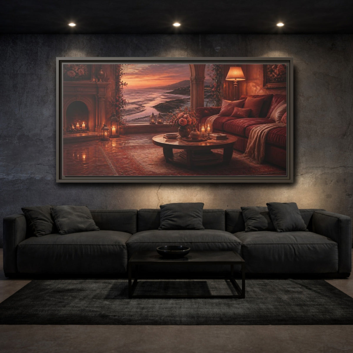 Mockup 3. Living Room Seaside Sunset shown as framed canvas print