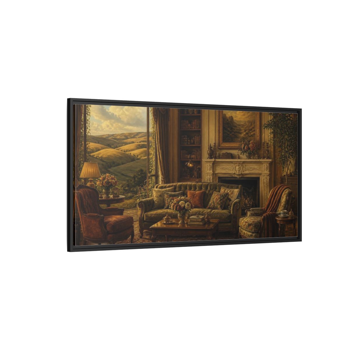 Side Mockup 5. Living Room Sofa Landscape shown as framed canvas print