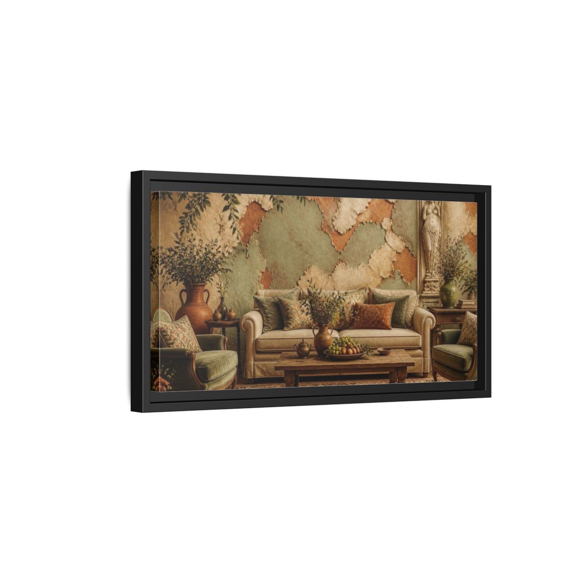 Side Mockup 8. Living Room Vintage Sofa shown as framed canvas print