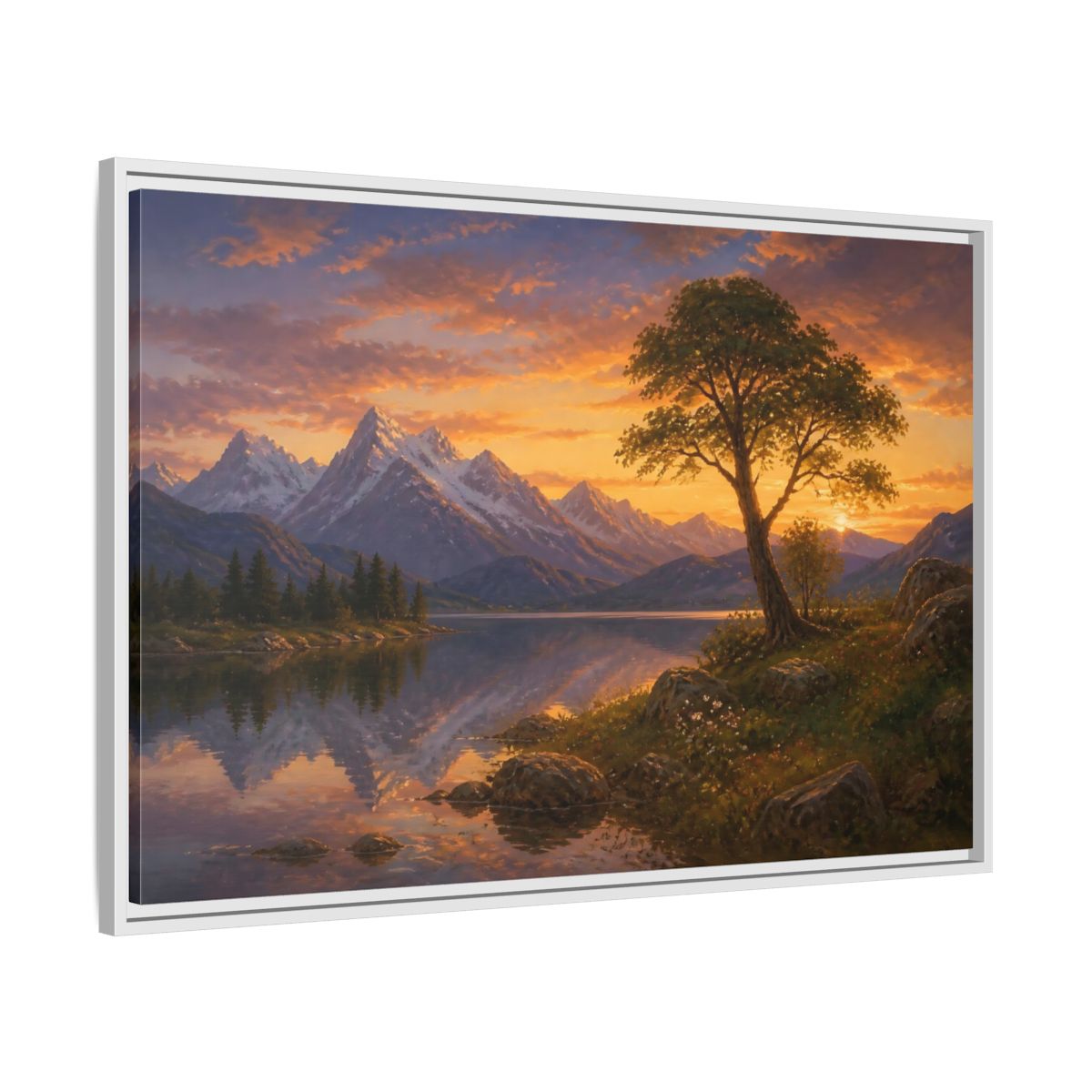 Side Mockup 9. Lone Tree Alpine Landscape shown as framed canvas print