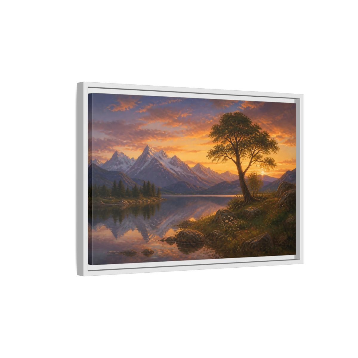 Side Mockup 1. Lone Tree Alpine Landscape shown as framed canvas print
