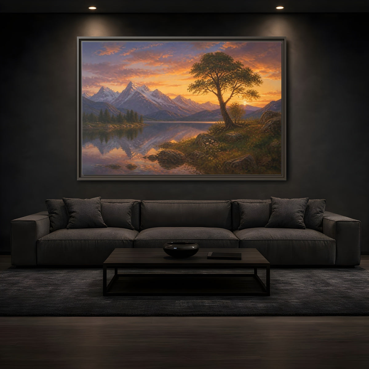 Mockup 3. Lone Tree Alpine Landscape shown as framed canvas print