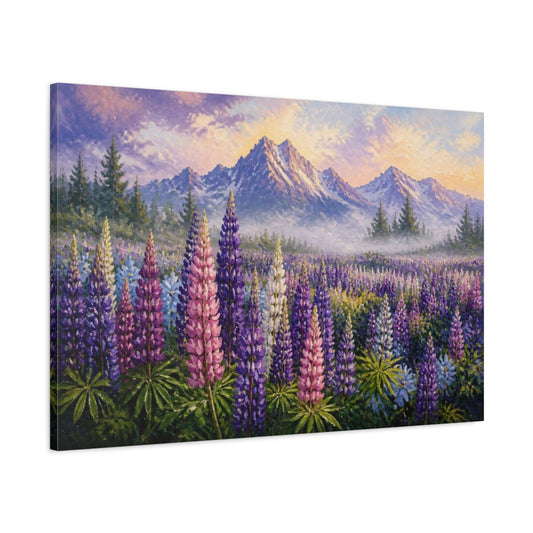 Main Mockup. Lupine Flower Meadow shown as canvas print