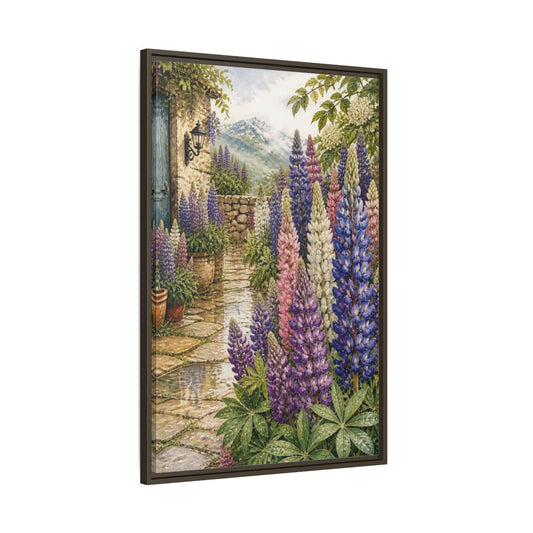 Main Mockup. Lupine Flowers Courtyard shown as framed canvas print