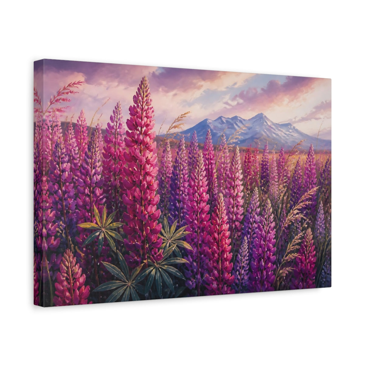 Side Mockup 4. Magenta Lupine Flowers shown as canvas print
