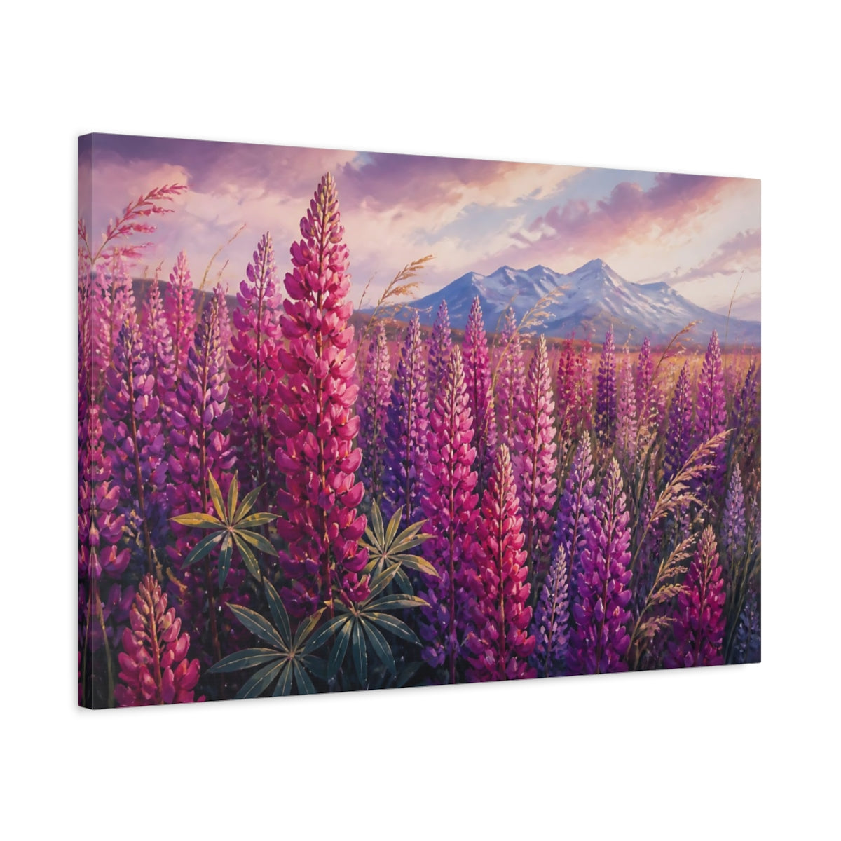 Side Mockup 2. Magenta Lupine Flowers shown as canvas print