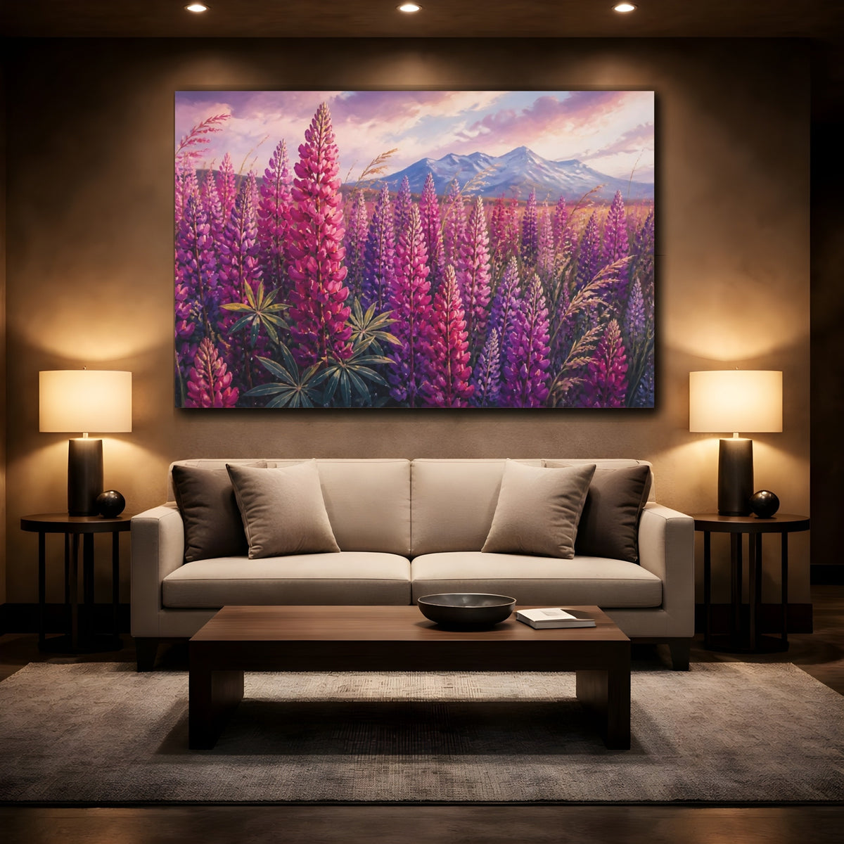 Mockup 2. Magenta Lupine Flowers shown as canvas print