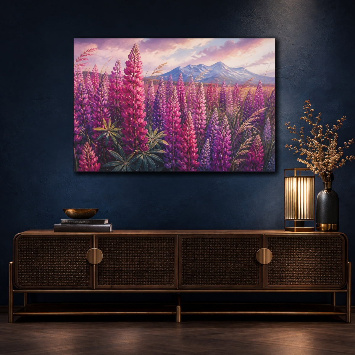 Mockup 4. Magenta Lupine Flowers shown as canvas print