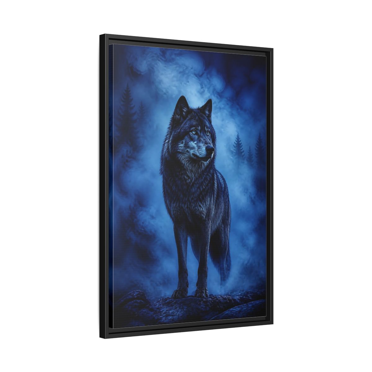 Side Mockup 14. Majestic Blue Wolf Animals shown as framed canvas print
