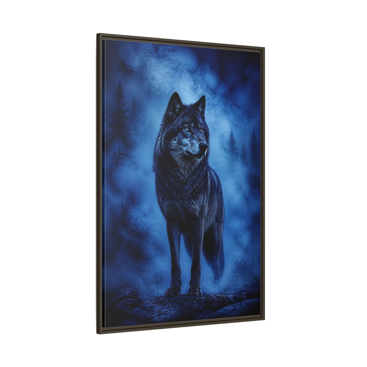 Side Mockup 8. Majestic Blue Wolf Animals shown as framed canvas print