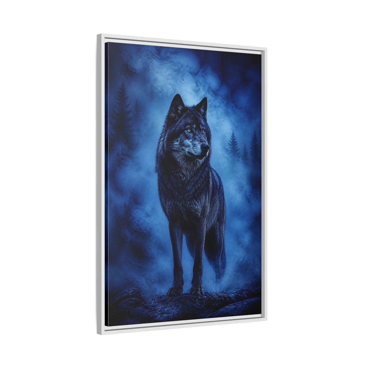 Side Mockup 9. Majestic Blue Wolf Animals shown as framed canvas print