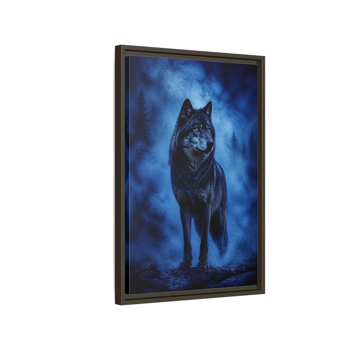 Side Mockup 2. Majestic Blue Wolf Animals shown as framed canvas print
