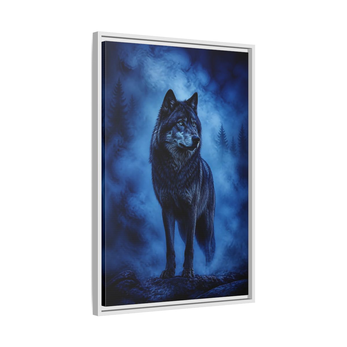 Side Mockup 10. Majestic Blue Wolf Animals shown as framed canvas print