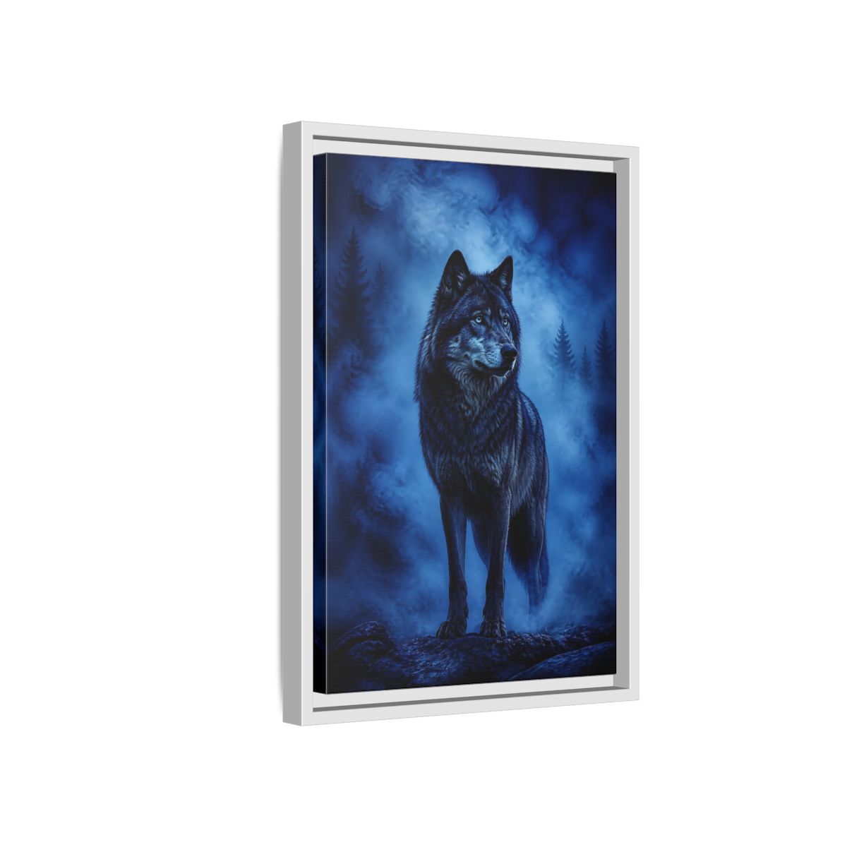 Side Mockup 4. Majestic Blue Wolf Animals shown as framed canvas print