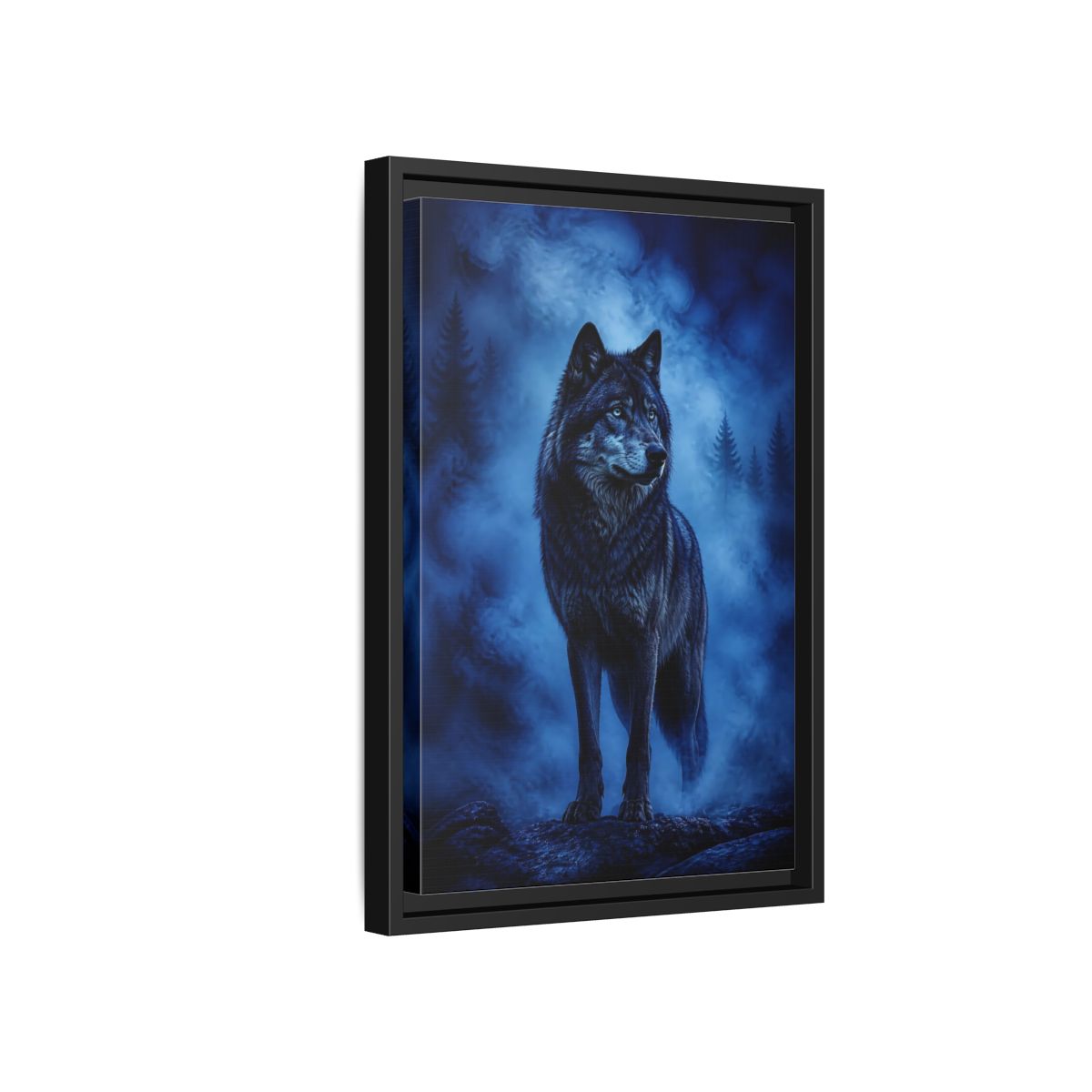 Side Mockup 6. Majestic Blue Wolf Animals shown as framed canvas print