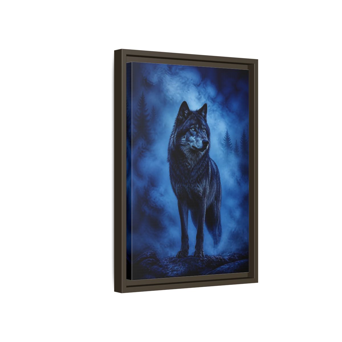 Side Mockup 5. Majestic Blue Wolf Animals shown as framed canvas print