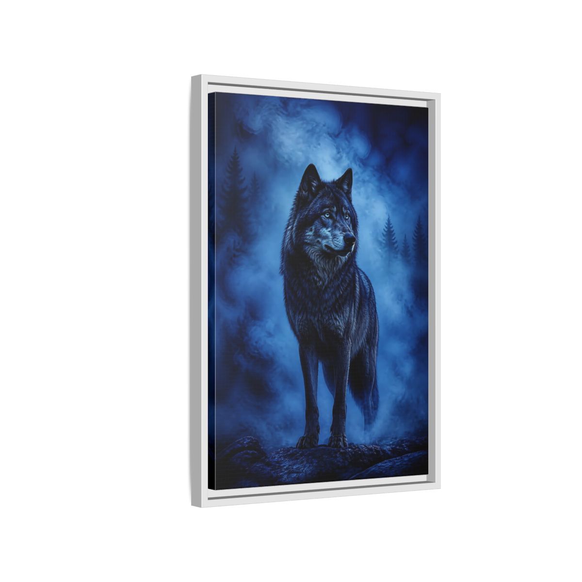 Side Mockup 1. Majestic Blue Wolf Animals shown as framed canvas print