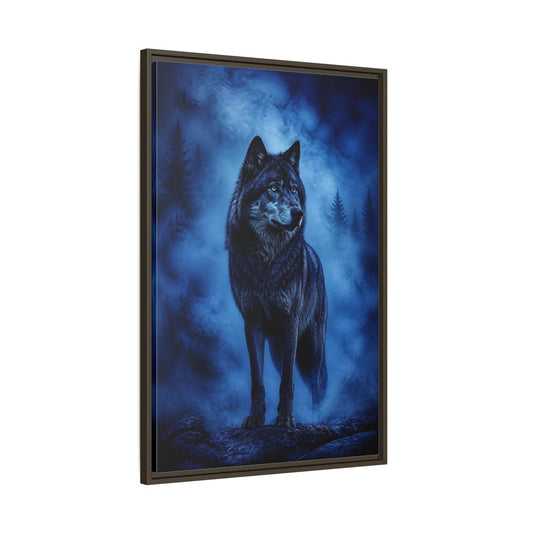 Main Mockup. Majestic Blue Wolf Animals shown as framed canvas print