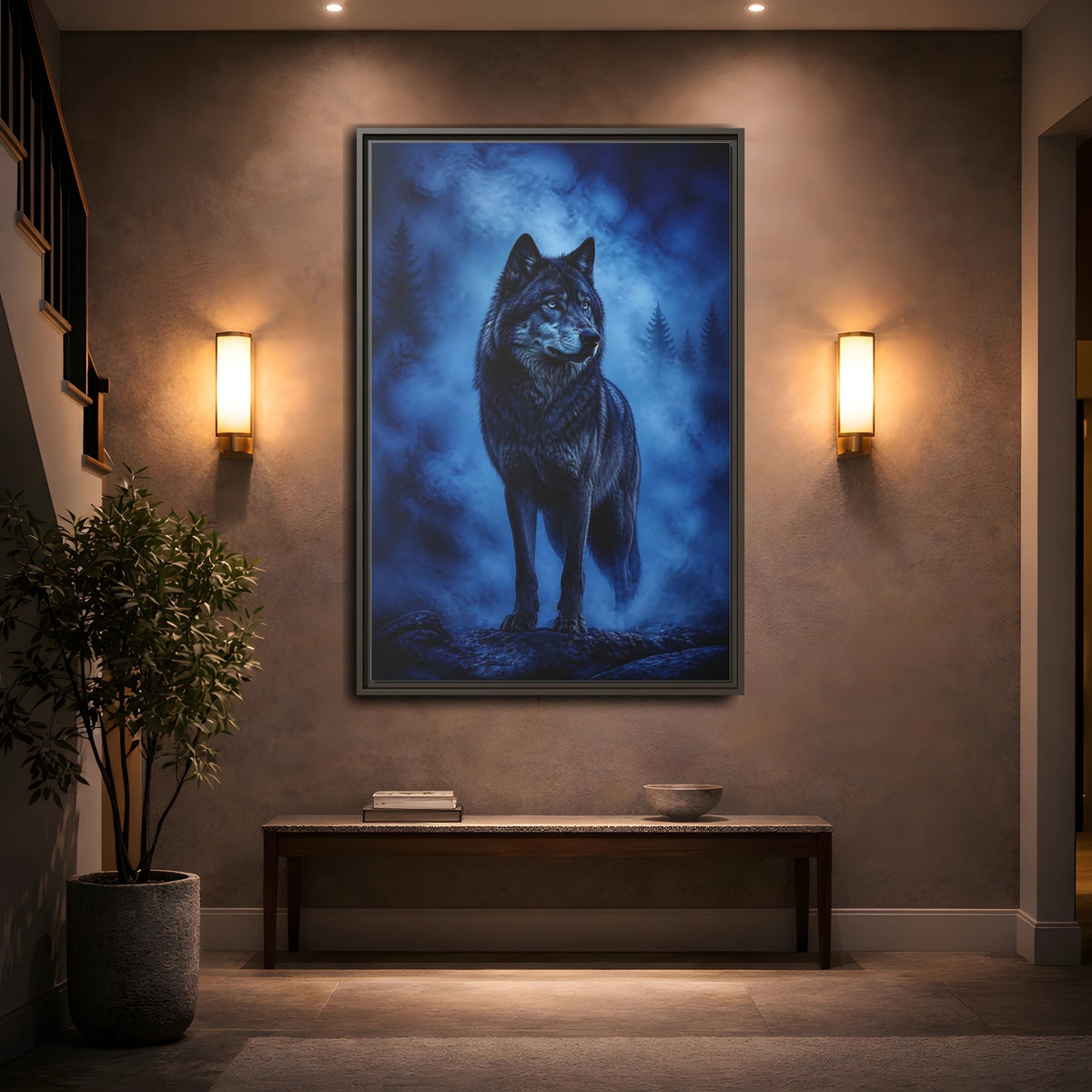 Mockup 2. Majestic Blue Wolf Animals shown as framed canvas print