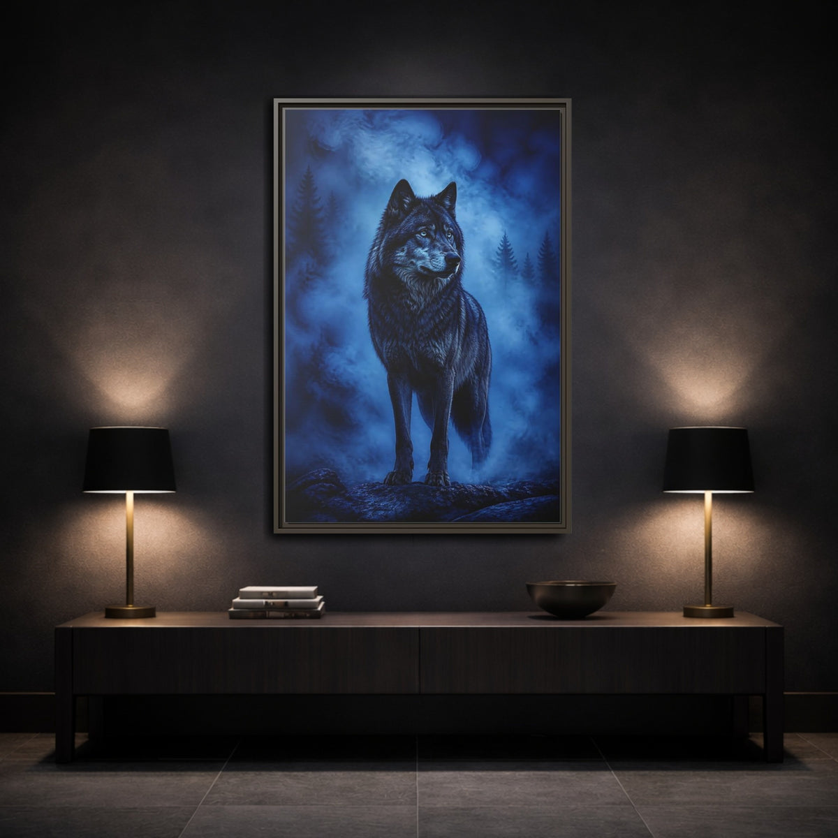 Mockup 3. Majestic Blue Wolf Animals shown as framed canvas print