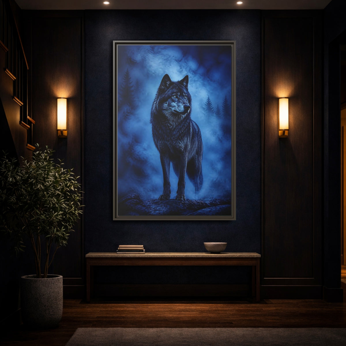 Mockup 4. Majestic Blue Wolf Animals shown as framed canvas print