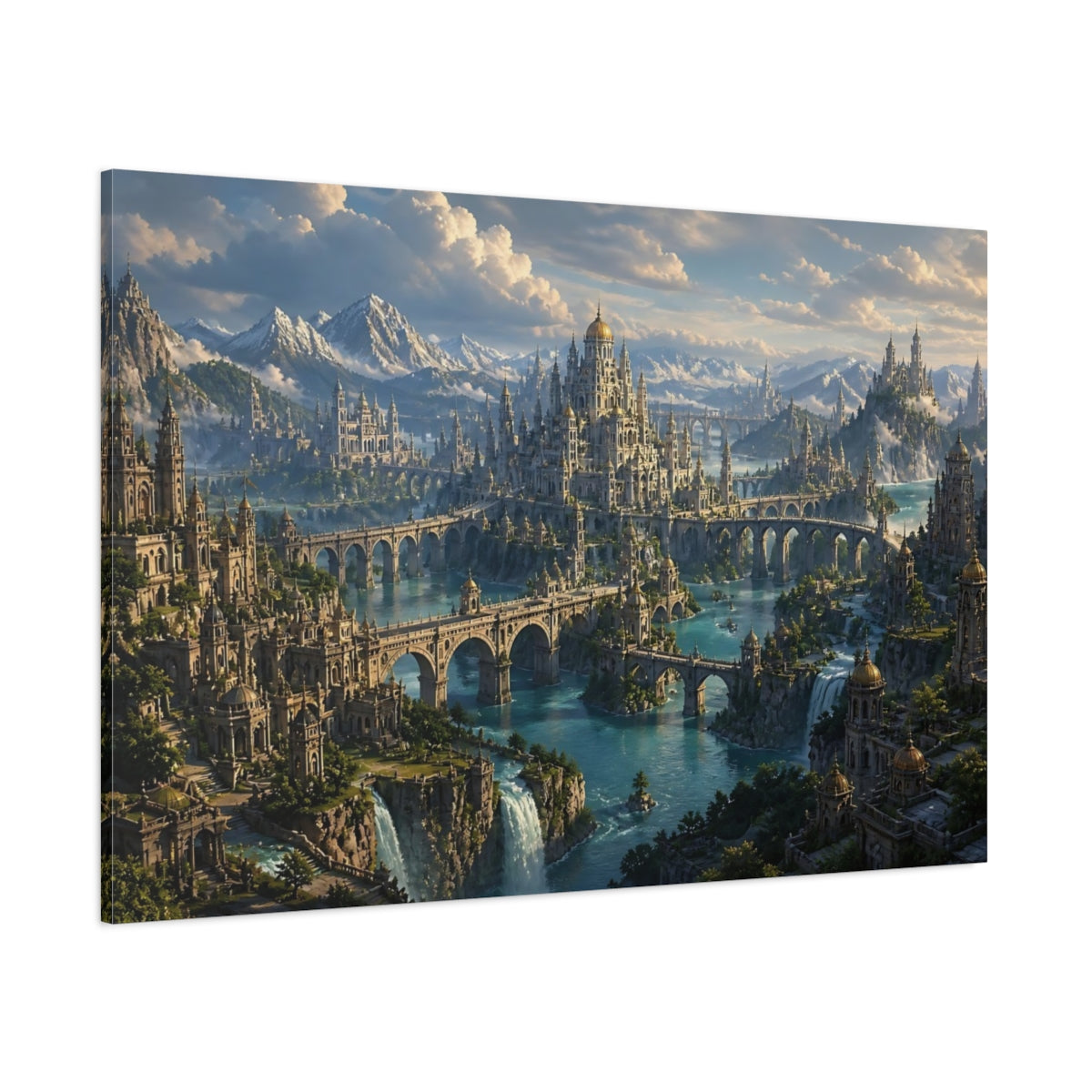Side Mockup 1. Majestic Fantasy Cityscape shown as canvas print