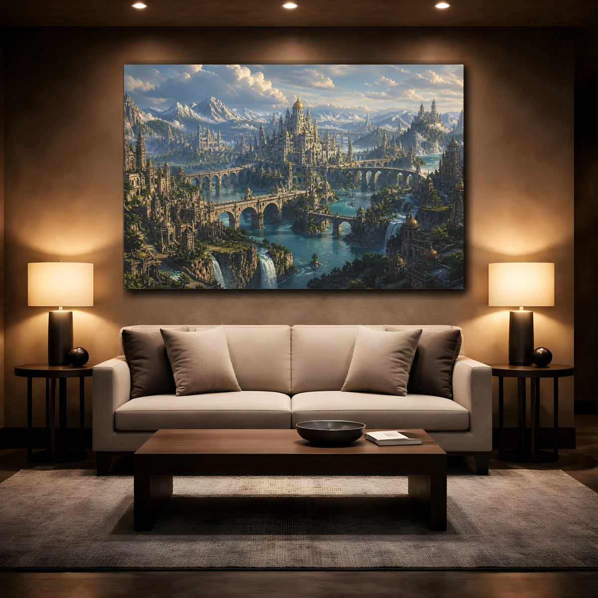 Mockup 2. Majestic Fantasy Cityscape shown as canvas print