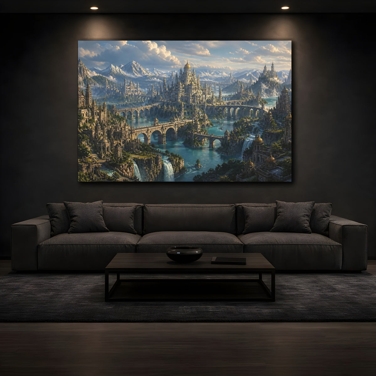 Mockup 3. Majestic Fantasy Cityscape shown as canvas print