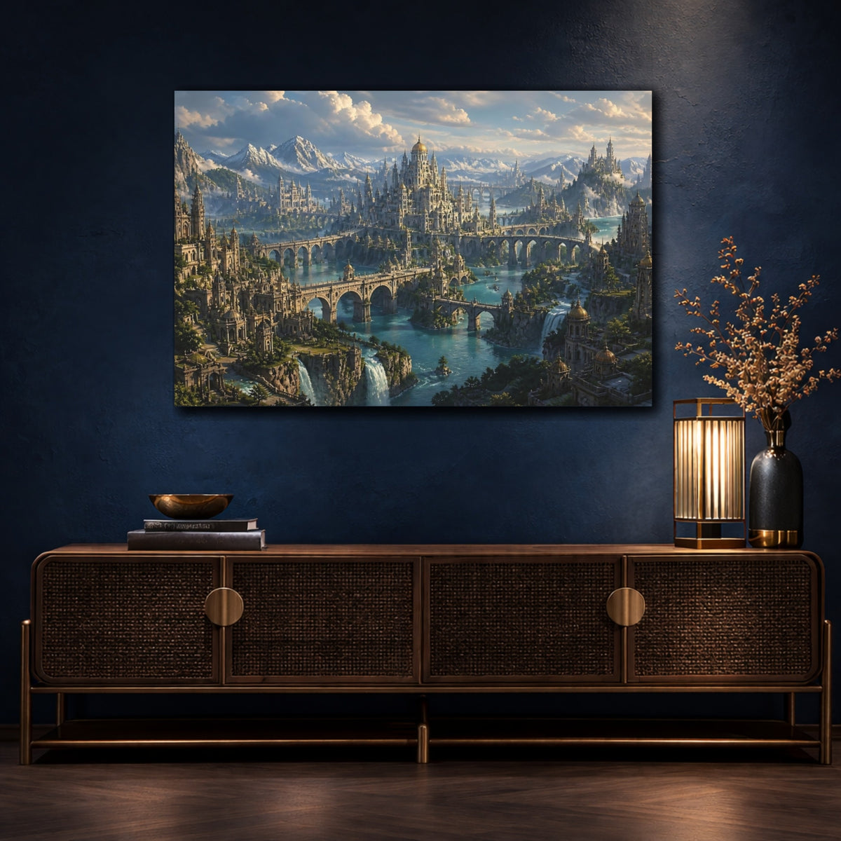 Mockup 4. Majestic Fantasy Cityscape shown as canvas print