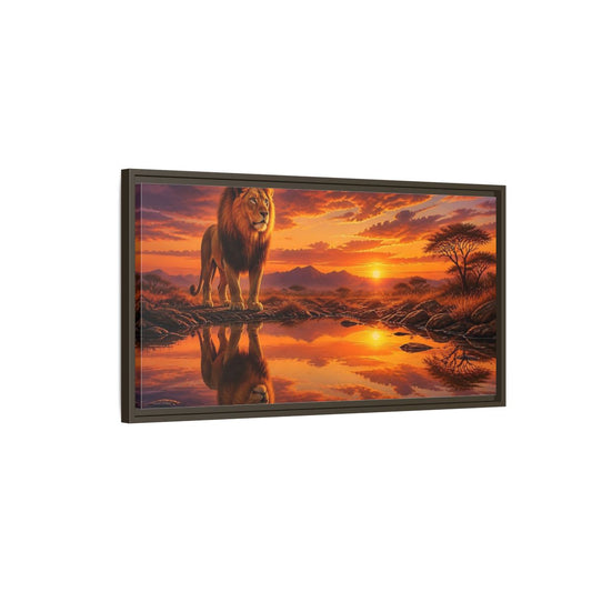 Main Mockup. Majestic Lion At Sunset shown as framed canvas print