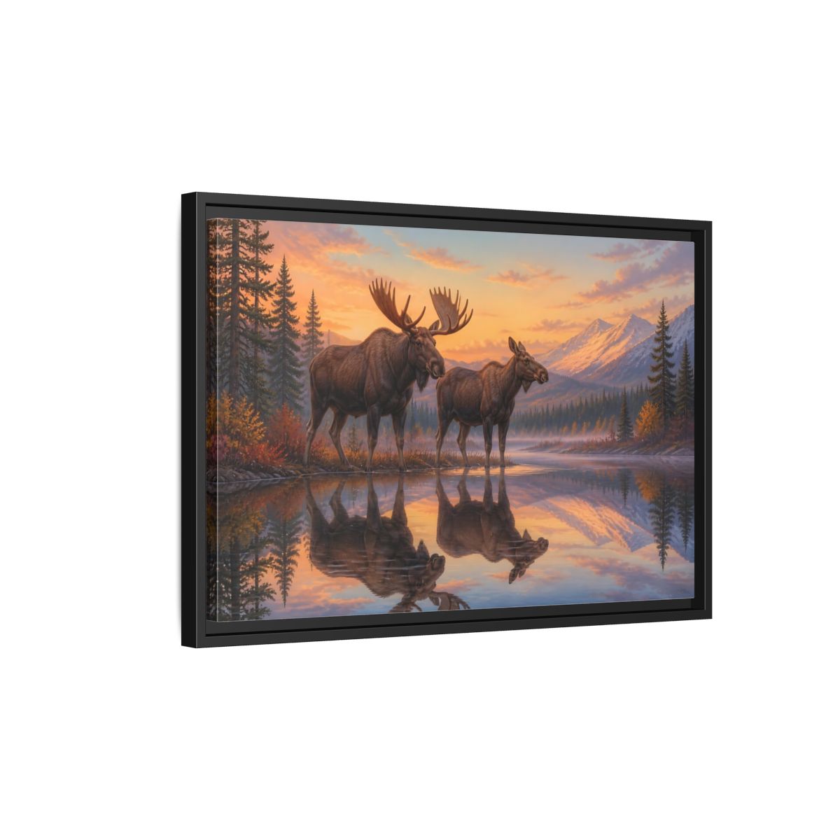 Side Mockup 3. Majestic Moose At Sunset shown as framed canvas print