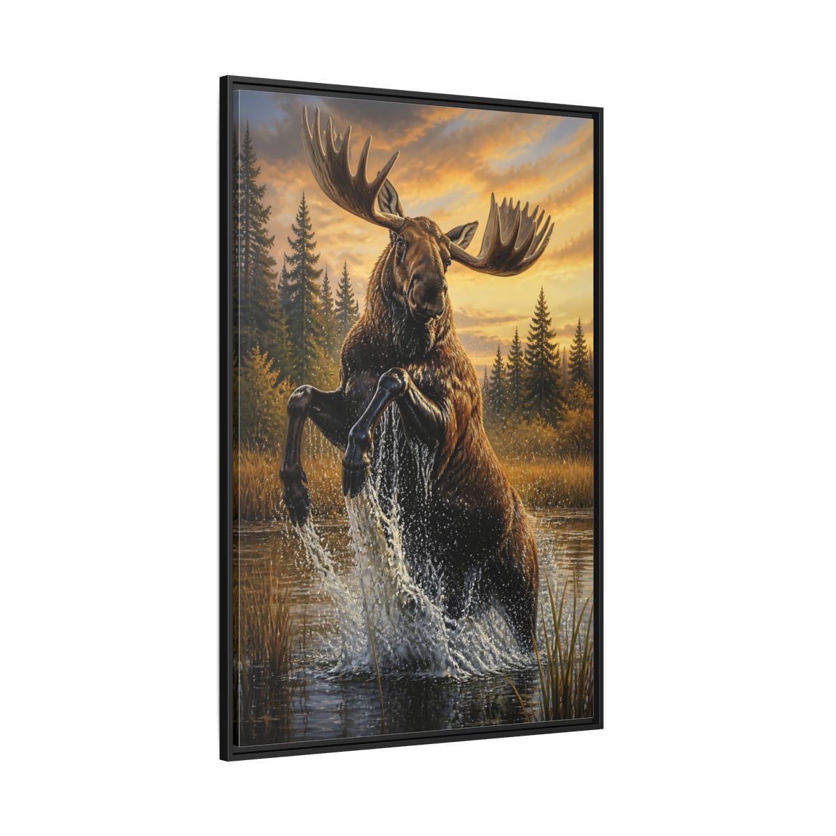 Side Mockup 12. Majestic Moose At Sunset shown as framed canvas print