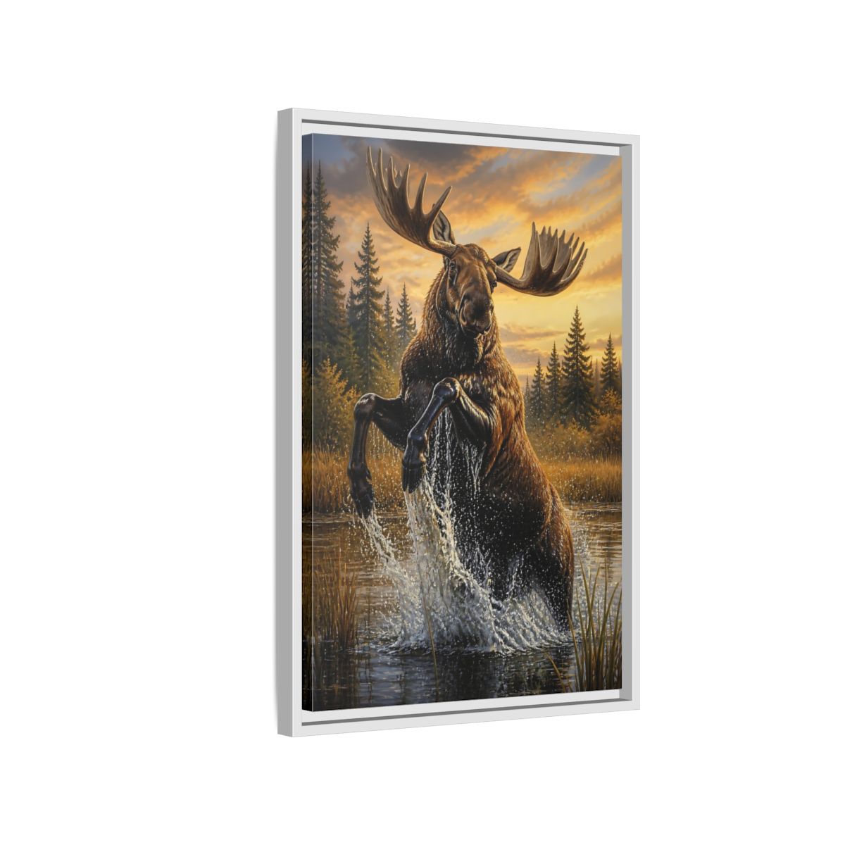 Side Mockup 1. Majestic Moose At Sunset shown as framed canvas print