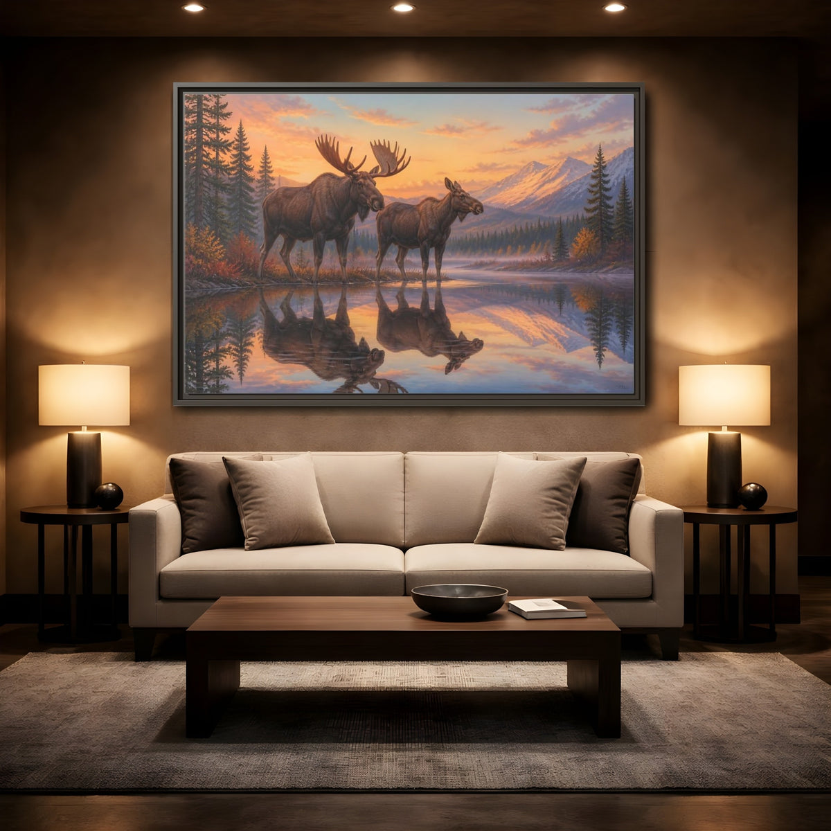 Mockup 2. Majestic Moose At Sunset shown as framed canvas print