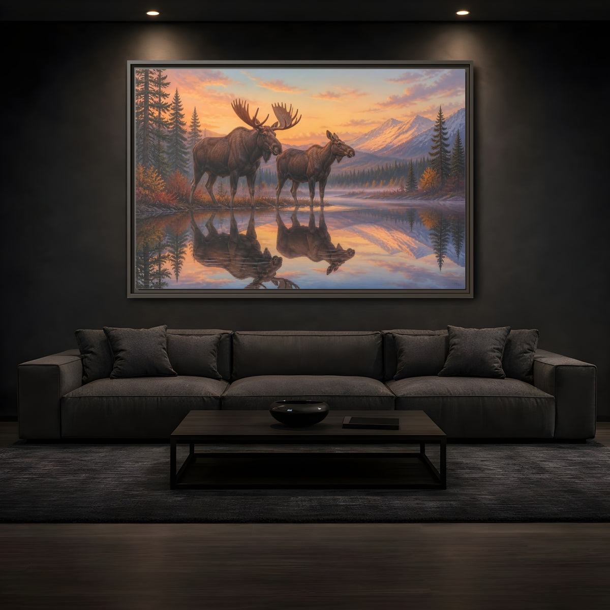 Mockup 3. Majestic Moose At Sunset shown as framed canvas print