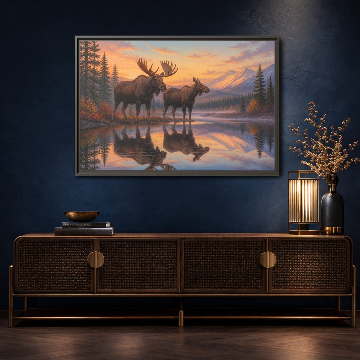 Mockup 4. Majestic Moose At Sunset shown as framed canvas print