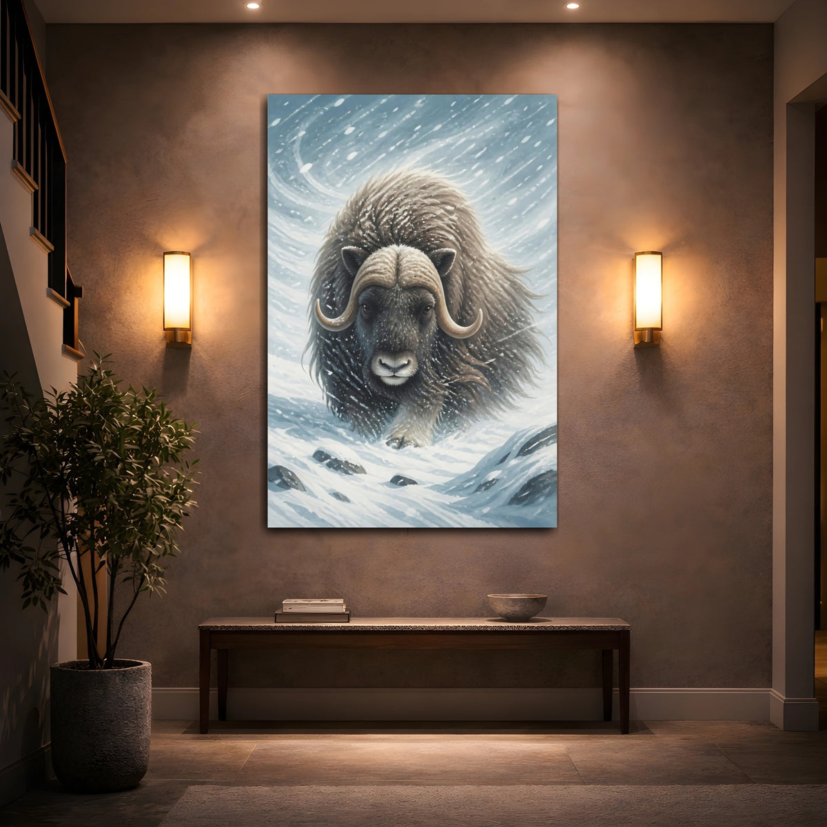 Mockup 2. Majestic Musk Ox In Snow shown as canvas print
