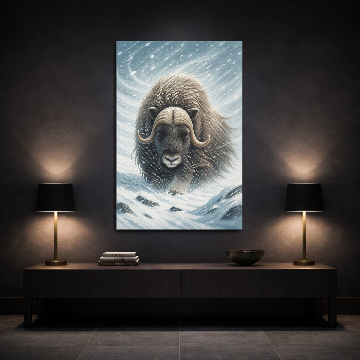 Mockup 3. Majestic Musk Ox In Snow shown as canvas print
