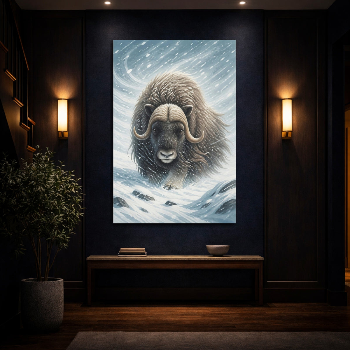 Mockup 4. Majestic Musk Ox In Snow shown as canvas print