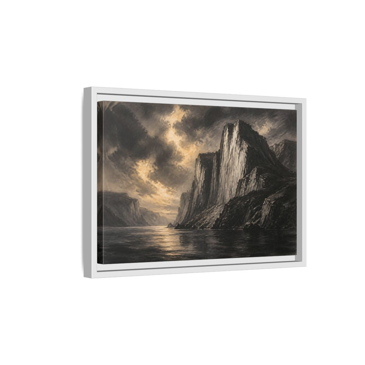 Side Mockup 4. Majestic Sea Cliffs At Dusk shown as framed canvas print