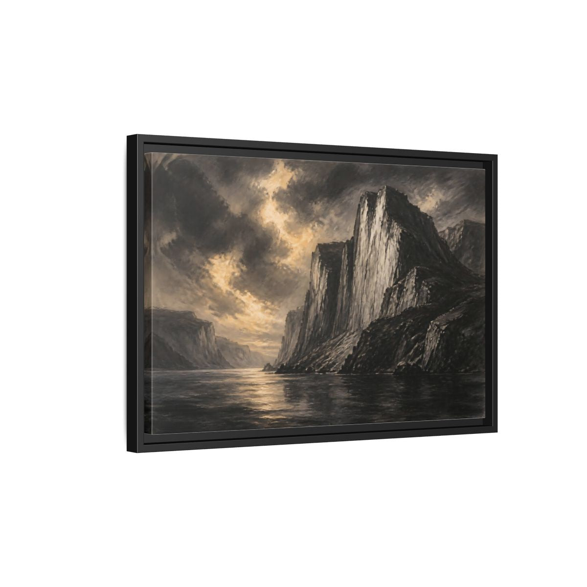 Side Mockup 3. Majestic Sea Cliffs At Dusk shown as framed canvas print