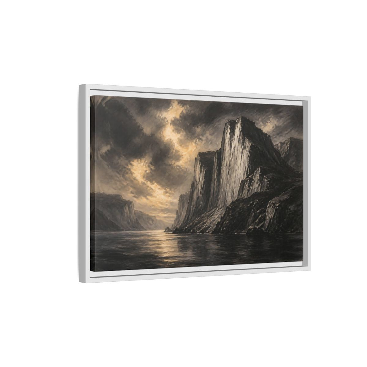 Side Mockup 1. Majestic Sea Cliffs At Dusk shown as framed canvas print