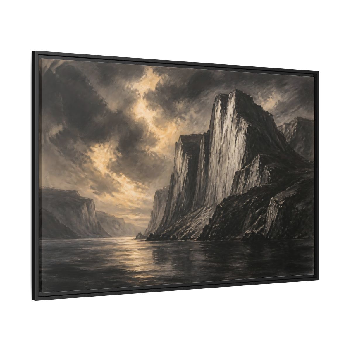 Side Mockup 12. Majestic Sea Cliffs At Dusk shown as framed canvas print