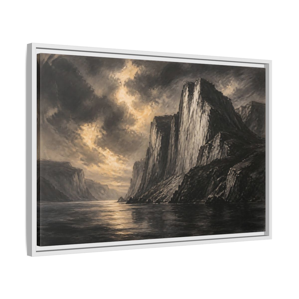Side Mockup 10. Majestic Sea Cliffs At Dusk shown as framed canvas print