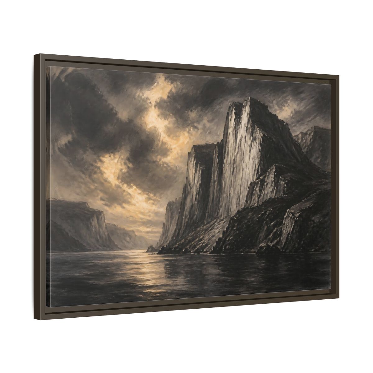 Side Mockup 11. Majestic Sea Cliffs At Dusk shown as framed canvas print